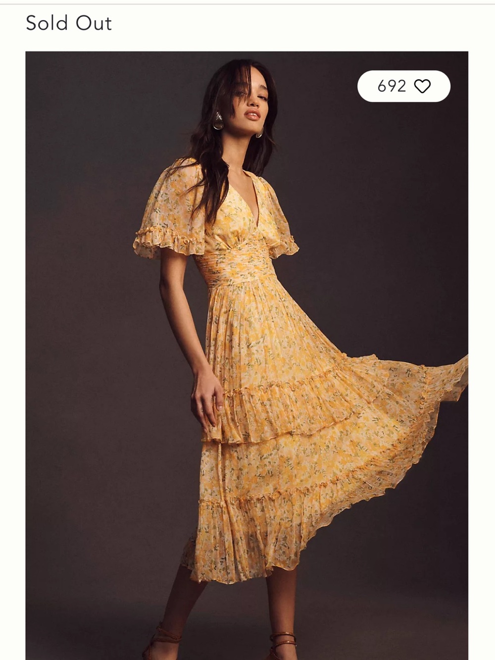 BHLDN by anthropology Naomi dress Yellow Floral V-Neck Ruffle Tiered Midi Dress - Picture 3 of 5